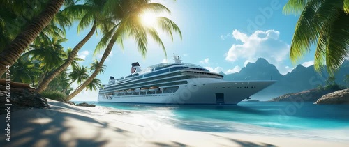 Idyllic Tropical Cruise Vacation Destination: Ocean Liner near Exotic Island paradise