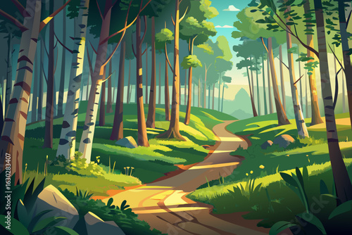 Sunlit forest path winding through vibrant green trees