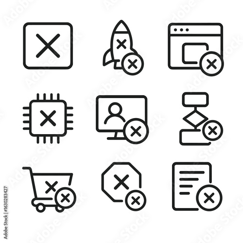 Process Cancellation Icons. Outline icon set of process cancellation and aborts: cancel operation icon, abort mission icon, kill