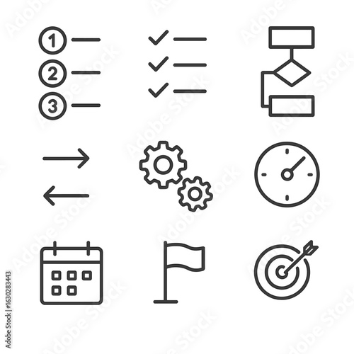 Process Icon Set. Outline icon set of step-by-step process: numbered steps, checklist, flowchart, arrows, gears, clock, calendar,