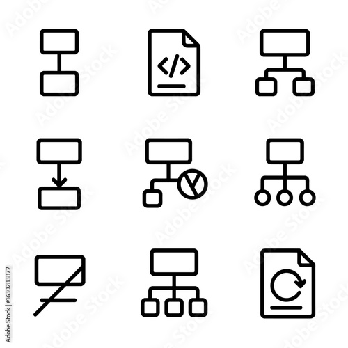 Programming Inheritance Icons. Outline icon set of inheritance in programming: class inheritance, object-oriented code, parent
