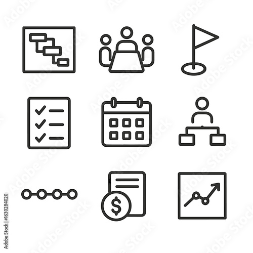Project Management Icons. Outline icon set of project management objectives: gantt chart, team meeting, milestone, task list,