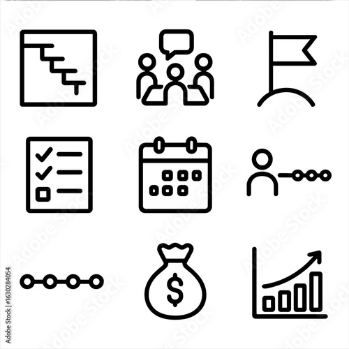 Project Management Icons. Outline icon set of project management objectives: gantt chart, team meeting, milestone, task list,