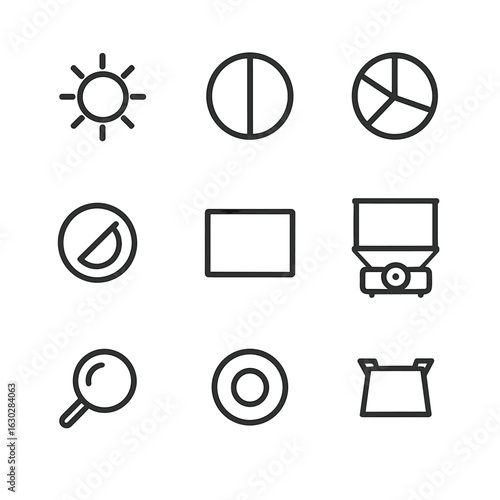 Projector Adjustment Icons. Outline icon set of projector image adjustments: brightness, contrast, color saturation, sharpness,