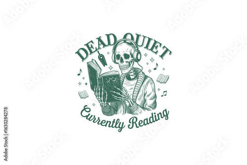 A skeleton reading a book with headphones on. The design features a playful quote about being quiet while reading. Elements include musical notes and open books.