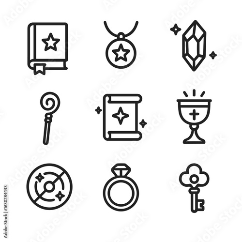 Prophecy Artifact Icons. Outline icon set of prophecy artifacts: ancient book, enchanted amulet, crystal shard, mystical staff,