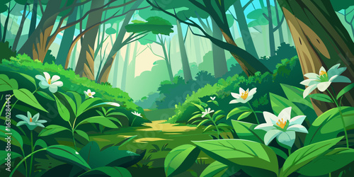 Enchanting forest path with white flowers and sunlight
