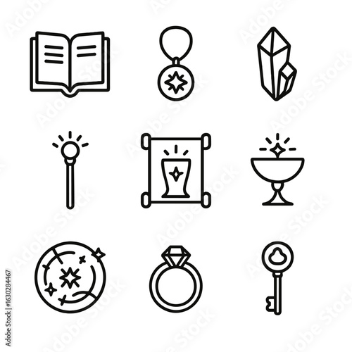 Prophecy Artifact Icons. Outline icon set of prophecy artifacts: ancient book, enchanted amulet, crystal shard, mystical staff,