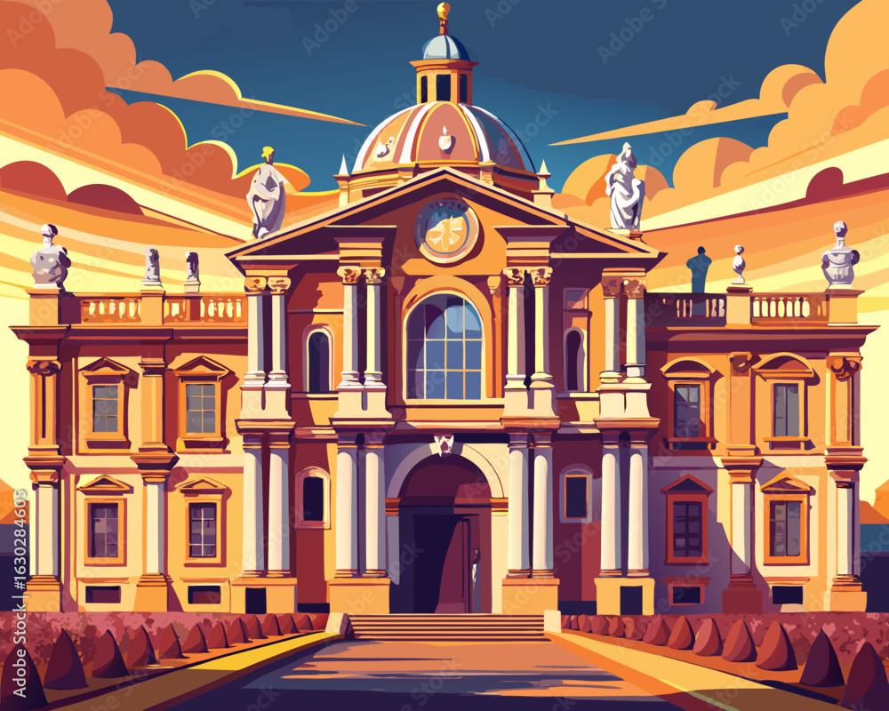 Fototapeta premium Grand baroque palace under a dramatic sunset sky