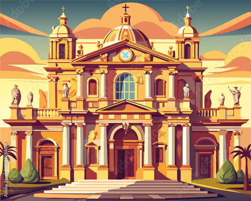 Grand cathedral with ornate facade and dramatic sky
