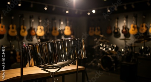 A steelpan drum sits in a music shop with guitars displayed on the wall.