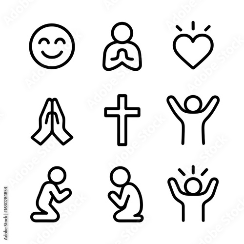 Psalm Emotion Icons. Outline icon set of psalm emotions: joy, peace, hope, gratitude, faith, praise, humility, reverence, worship.