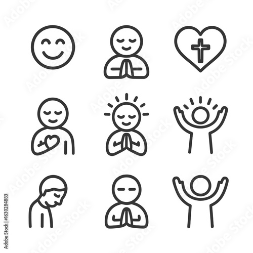 Psalm Emotion Icons. Outline icon set of psalm emotions: joy, peace, hope, gratitude, faith, praise, humility, reverence, worship.