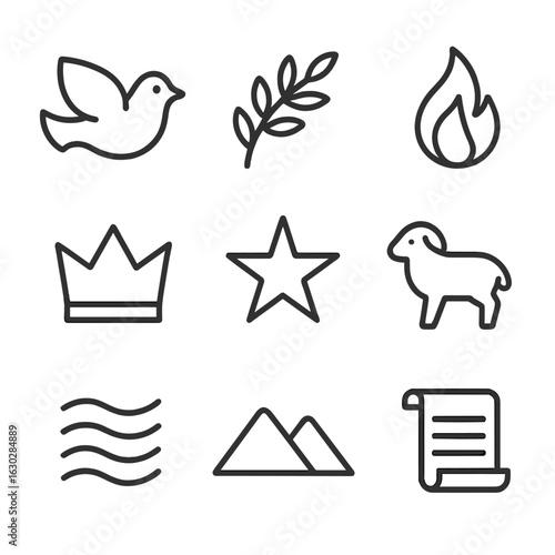 Psalm Symbols Icon Set. Outline icon set of psalm symbols: dove, olive branch, flame, crown, star, lamb, water, mountain, scroll.