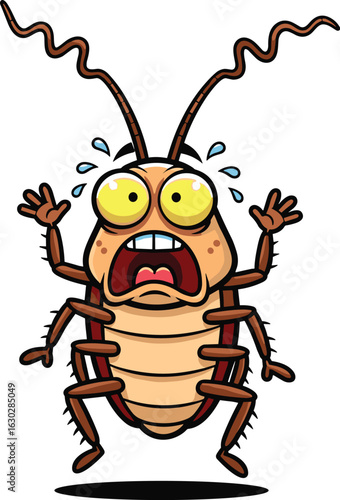 Startled Cartoon Cockroach with Sweaty Face and Wide Eyes — Funny Insect Mascot Expressing Fear in Vector Clipart Style