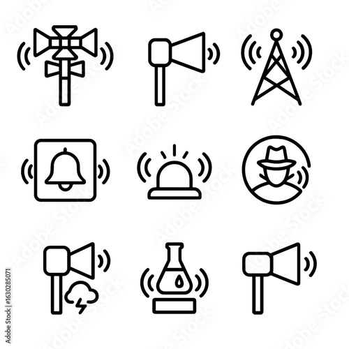 Public Warning Siren Icons. Outline icon set of public warning sirens: civil defense siren, community alert siren, broadcast tower