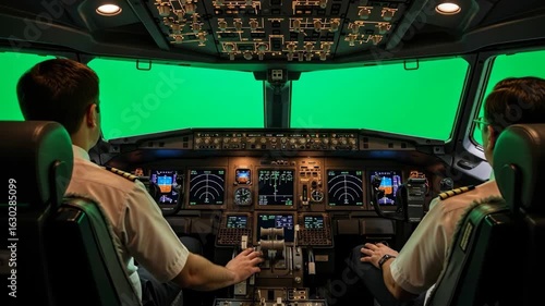 Two pilots sitting in the cockpit of a plane with a green screen view, The cockpit of an airplane and two pilots, ready for takeoff with a green screen view
