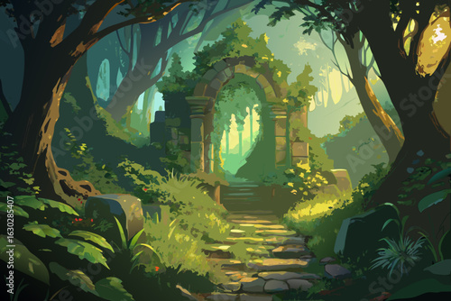 Enchanted forest gateway with ancient stone archway and sunlit path