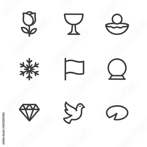 Purity Icons Grid. Outline icon set of purity symbols: white rose, chalice, pearl, snowflake, white flag, crystal ball, diamond,