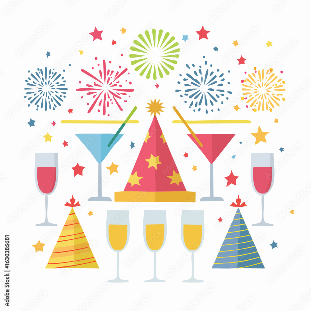 Obraz premium Festive celebration concept with party hats, cocktail glasses, and colorful fireworks.
