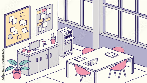 Colorful Isometric Office Space with Collaboration Area.