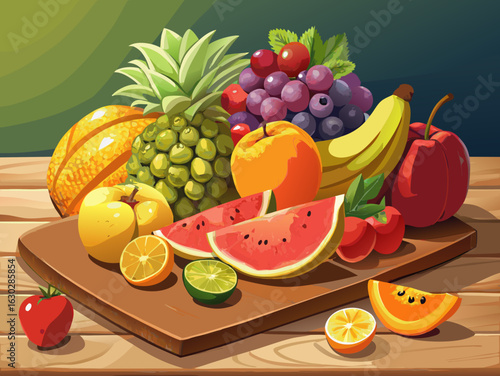 A vibrant assortment of fresh fruits on a wooden surface