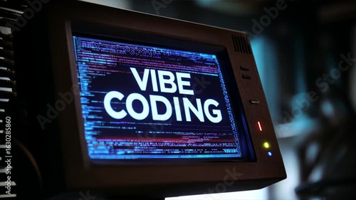 A pixelate vibe coding text on an old computer screen, evoking retrofuturism and vibe coding, low code, coding programs