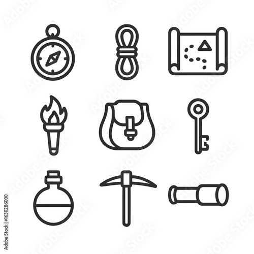 Quest Tools Icons. Outline icon set of quest tools: compass, rope, map scroll, torch, satchel, key, flask, pickaxe, spyglass. Line