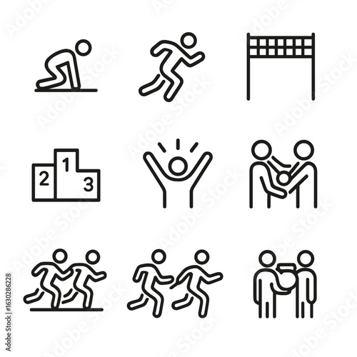 Race Icon Set. Outline icon set of race actions: start, sprint, lap, finish, podium, cheer, medal award, photo finish, relay baton
