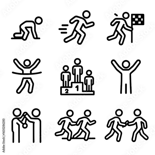 Race Icon Set. Outline icon set of race actions: start, sprint, lap, finish, podium, cheer, medal award, photo finish, relay baton