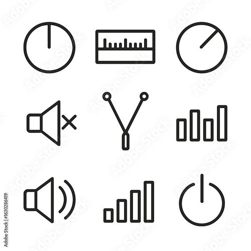 Radio Icon Set. Outline icon set of radio tuning and controls: tuning dial, frequency spectrum, volume knob, mute button, antenna,