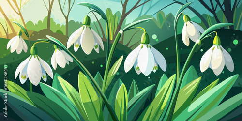 Wallpaper Mural Delicate white snowdrops bloom in a lush green forest setting Torontodigital.ca
