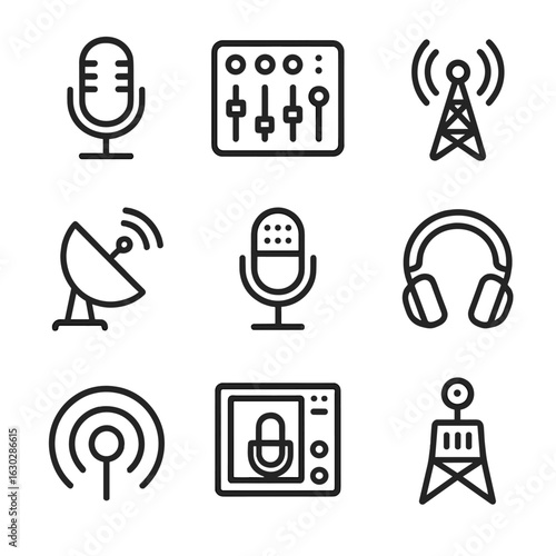 Radio Broadcast Icons. Outline icon set of radio broadcasting: microphone, studio mixer, radio tower, broadcast satellite, podcast
