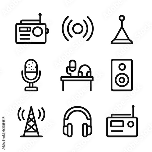 Radio Station Icons. Outline icon set of radio station: radio transmitter, radio waves, antenna, microphone, studio, speaker,