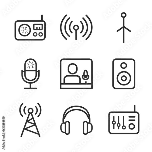 Radio Station Icons. Outline icon set of radio station: radio transmitter, radio waves, antenna, microphone, studio, speaker,