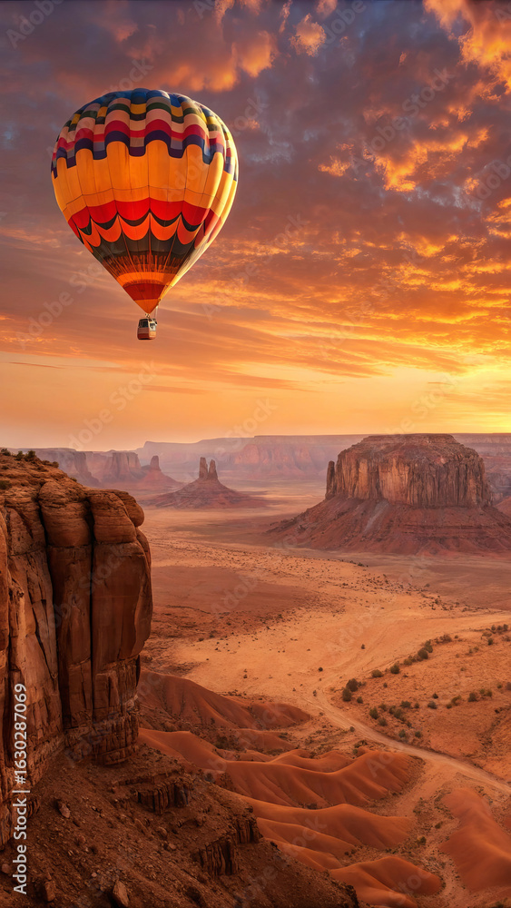 Naklejka premium Hot air balloon floats over desert landscape at sunrise