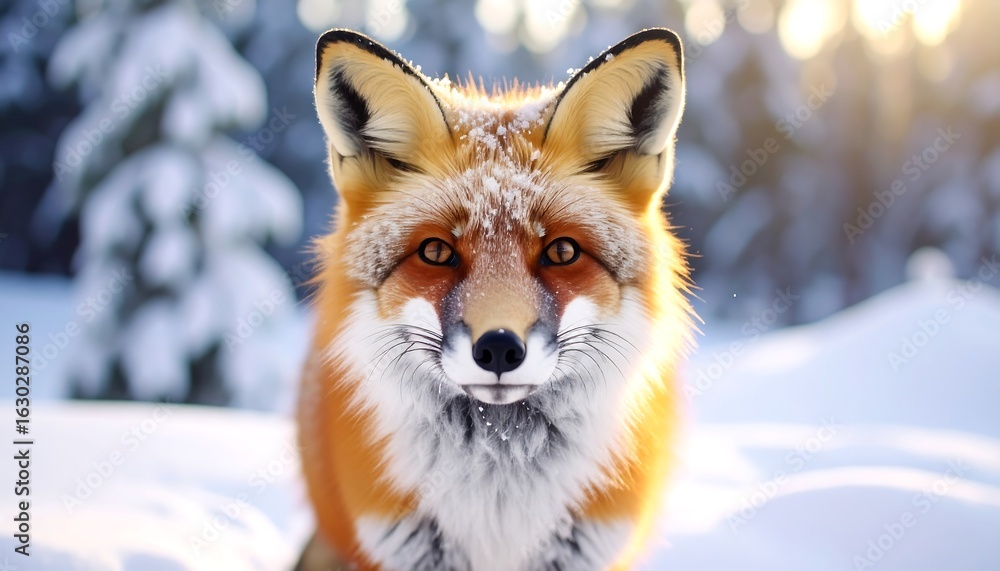 Fototapeta premium Captivating gaze of a red fox amidst a snowy wonderland winter portrait scene