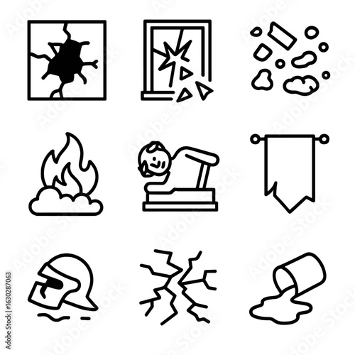 Rage Aftermath Icons. Outline icon set of rage aftermath: broken wall, shattered glass, scattered debris, fire smoke, fallen