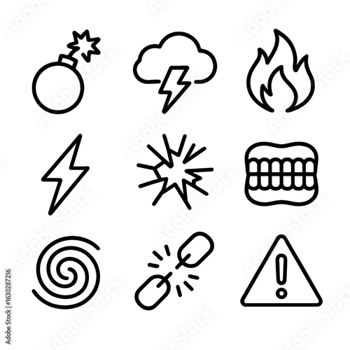 Rage Storm Icons. Outline icon set of rage storm: exploding bomb, thundercloud, roaring fire, flashing lightning, shattered glass,