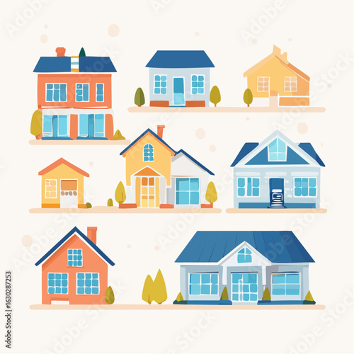 A diverse collection of colorful suburban houses and residential buildings. Flat vector illustration set for real estate concepts.