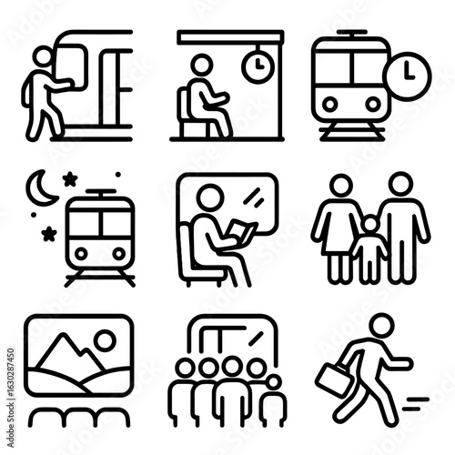 Railway Travel Icons. Outline icon set of railway travel scenarios: boarding train, waiting at station, train delay, night train