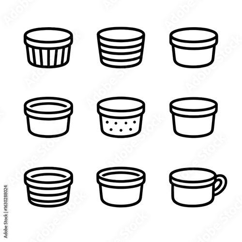 Ramekin Icon Set. Outline icon set of ramekin materials: ceramic ramekin, glass ramekin, porcelain ramekin, stoneware ramekin,