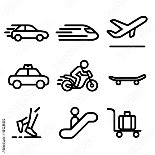 Rapid Transport Icons. Outline icon set of rush transportation: speeding car, fast train, airplane takeoff, taxi cab, motorbike,