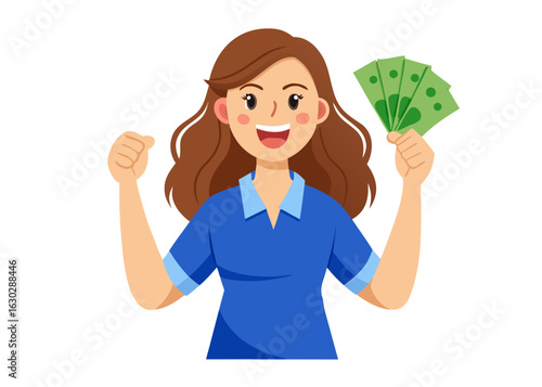 Happy woman celebrating with money and fist pump