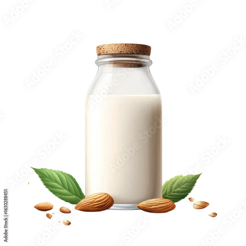 Almond milk in a glass bottle with almonds and leaves