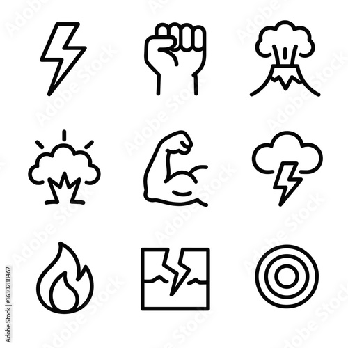 Raw Power Icon Set. Outline icon set of raw power: lightning bolt, clenched fist, volcano eruption, explosion, muscle arm,
