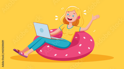 Happy woman working on laptop while relaxing in a pool float