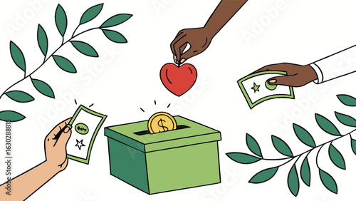 Diverse Hands Contributing to a Donation Box.