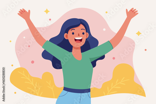 Joyful woman celebrating with arms raised in a colorful abstract background
