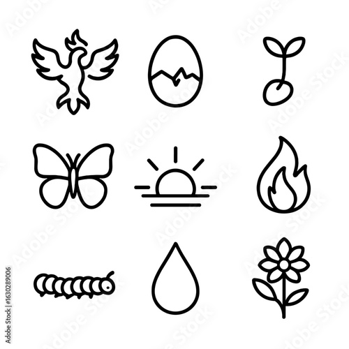 Rebirth Icons Collection. Outline icon set of rebirth: phoenix, egg cracking, sprouting seed, butterfly, sunrise, flame,